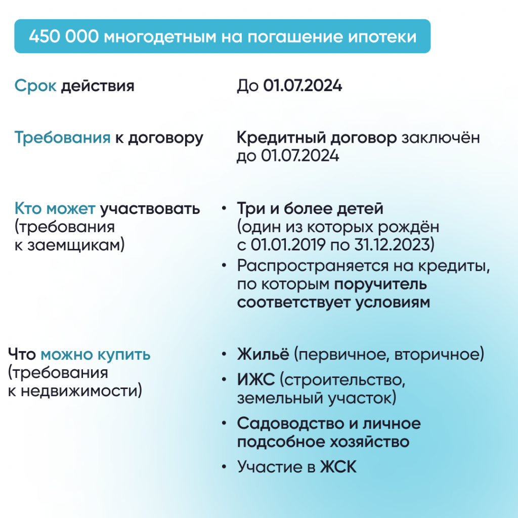 Программа выплаты 450 тыс. рублей на ипотеку для многодетных семей продлена  – Новости на СПРОСИ.ДОМ.РФ